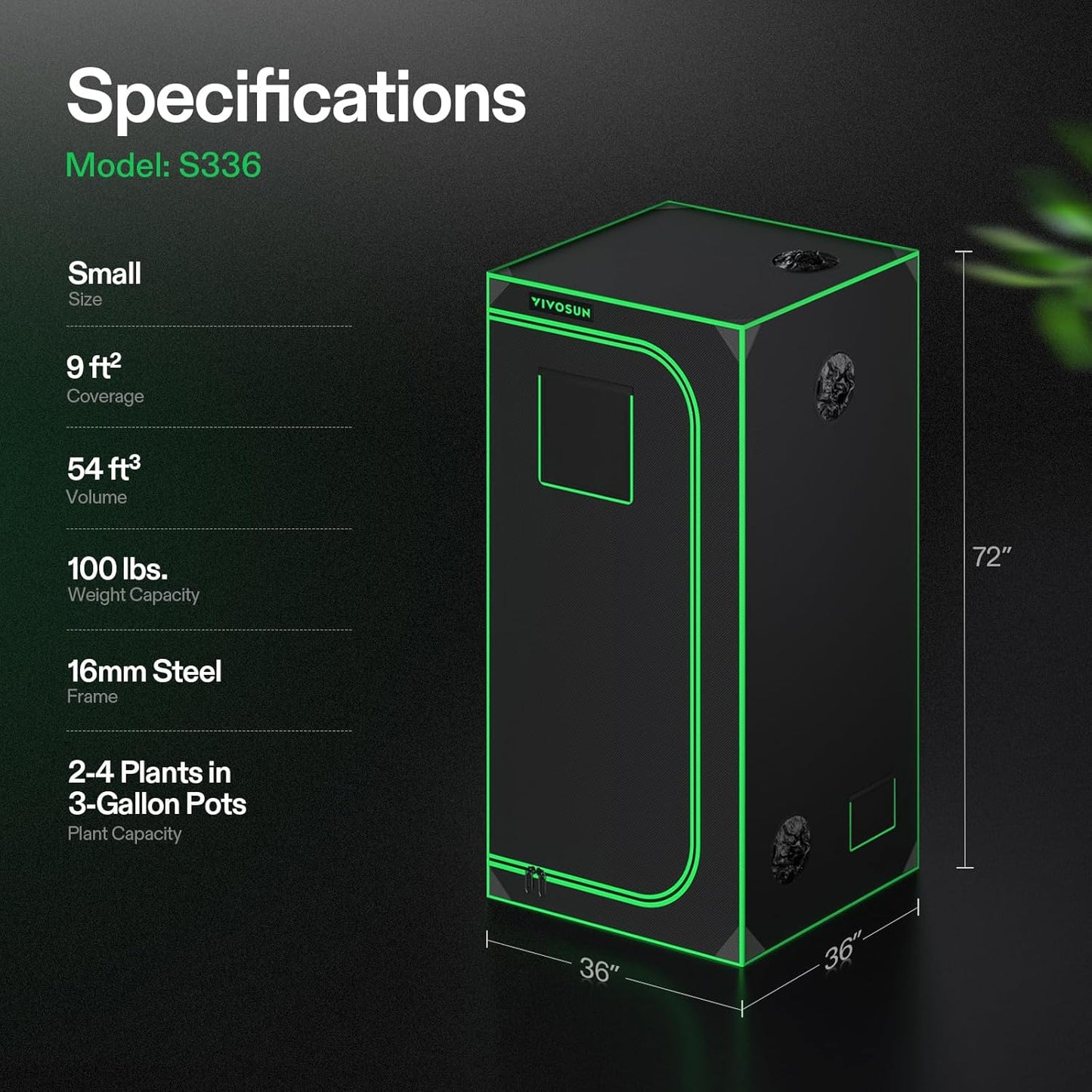 S336 3X3 Grow Tent, 36"X36"X72" High Reflective Mylar with Observation Window and Floor Tray for Hydroponics Indoor Plant for VS2000/VS3000