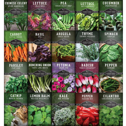 20 Pack Apartment Seed Kit - Heirloom Vegetable Seeds - Container Friendly Part & Full Sun Annuals