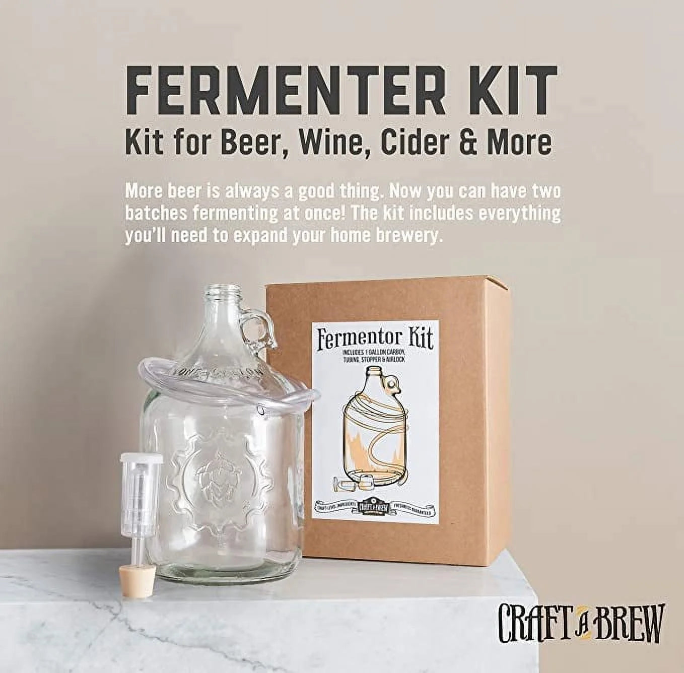 Dual Fermentation Kit, Includes 1 Gallon Glass Fermenter Jar + Airlock Rubber Stopper + Tubing