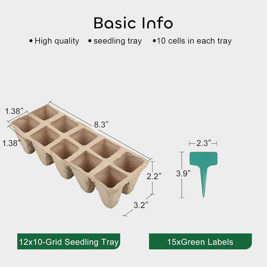 120 Cells Peat Pots Seed Starter Trays 12 Packs Biodegradable Seedling Pots Germination Trays Organic Plant Starter Kit with 15 Pcs Plant Labels