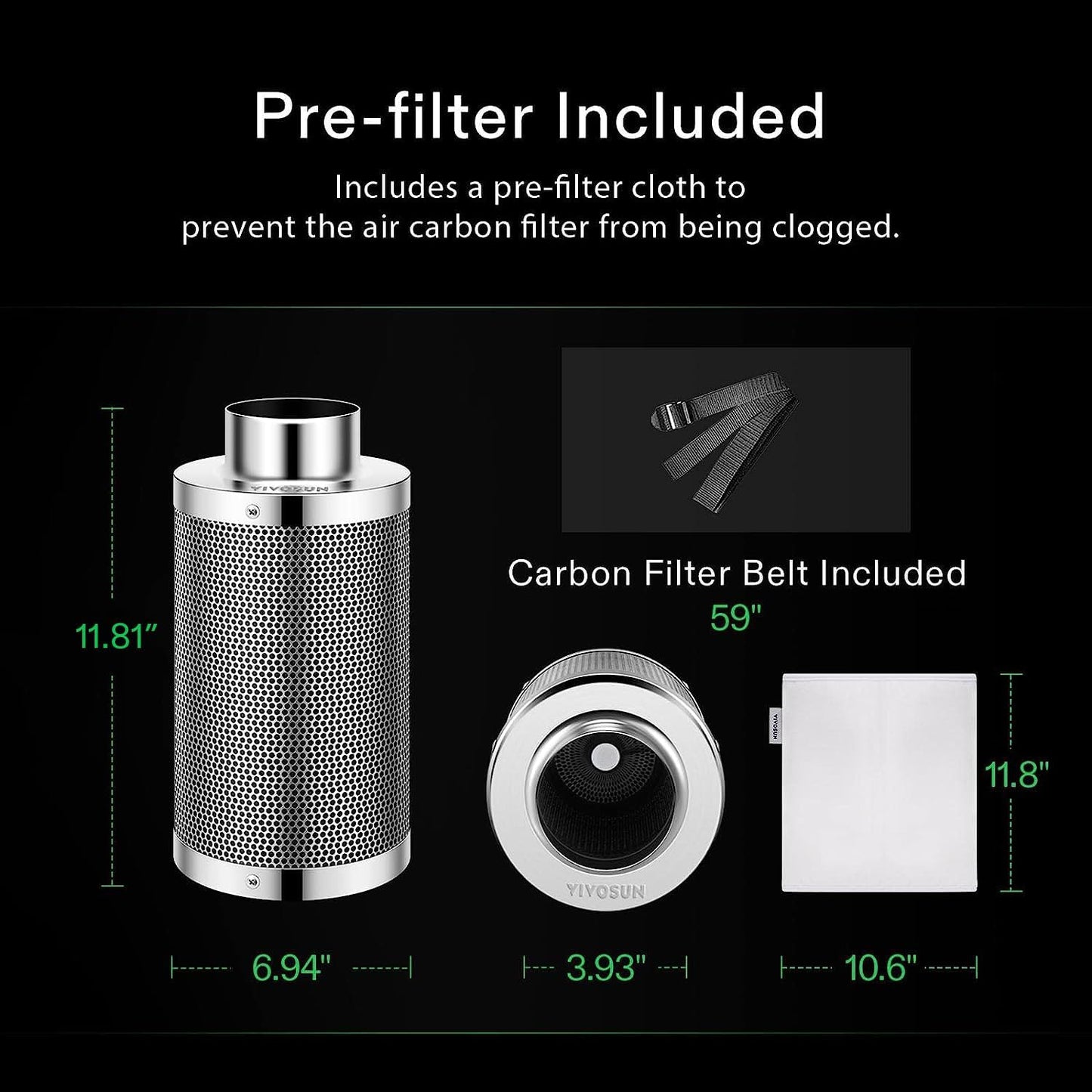 4 Inch Air Carbon Filter Smellines Control with Australia Virgin Charcoal for Inline Duct Fan, Grow Tent, Pre-Filter Included, Reversible Flange 4" X 12"
