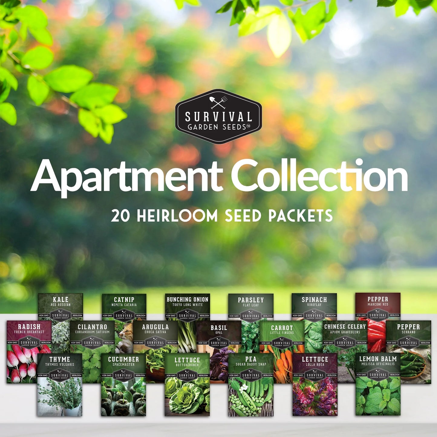 20 Pack Apartment Seed Kit - Heirloom Vegetable Seeds - Container Friendly Part & Full Sun Annuals