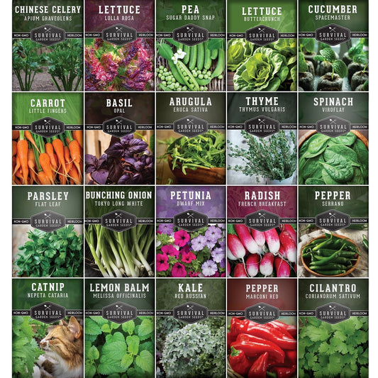 20 Pack Apartment Seed Kit - Heirloom Vegetable Seeds - Container Friendly Part & Full Sun Annuals