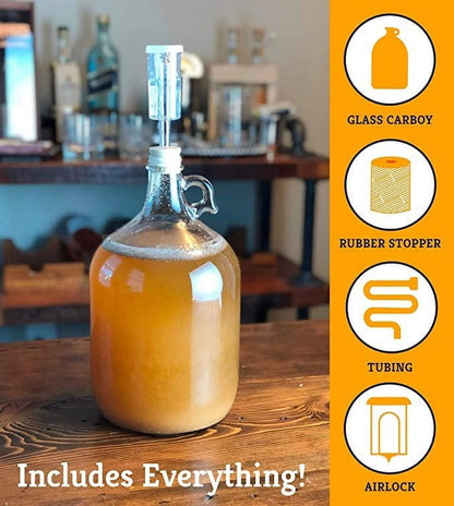 Dual Fermentation Kit, Includes 1 Gallon Glass Fermenter Jar + Airlock Rubber Stopper + Tubing