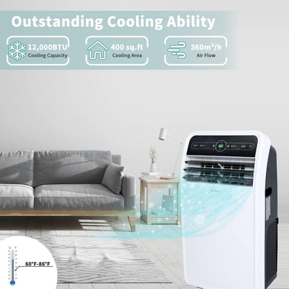 12,000 BTU Portable Air Conditioner, Portable AC Unit with Built-In Cool, Dehumidifier&Fan Modes for Room up to 400 Sq.Ft, with Remote Control, 24 Hour Timer, Installation Kit