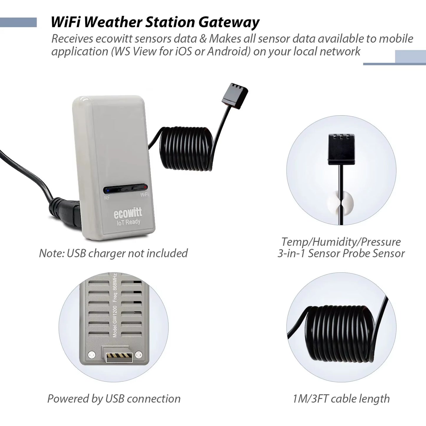 GW1206 Soil Moisture Monitor with Wifi Weather Station Gateway, Plant Water Monitor, Soil Hygrometer Sensor for Garden
