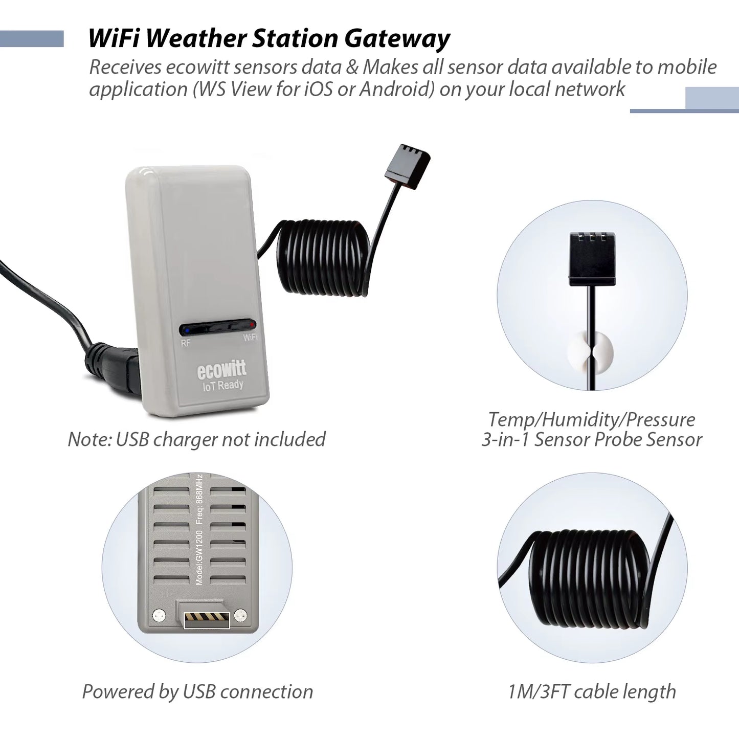GW1200 Wi-Fi Hub Gateway - Built-In Thermometer Hygrometer Barometric Pressure Sensor, Support Iot Device WFC01 & AC1100