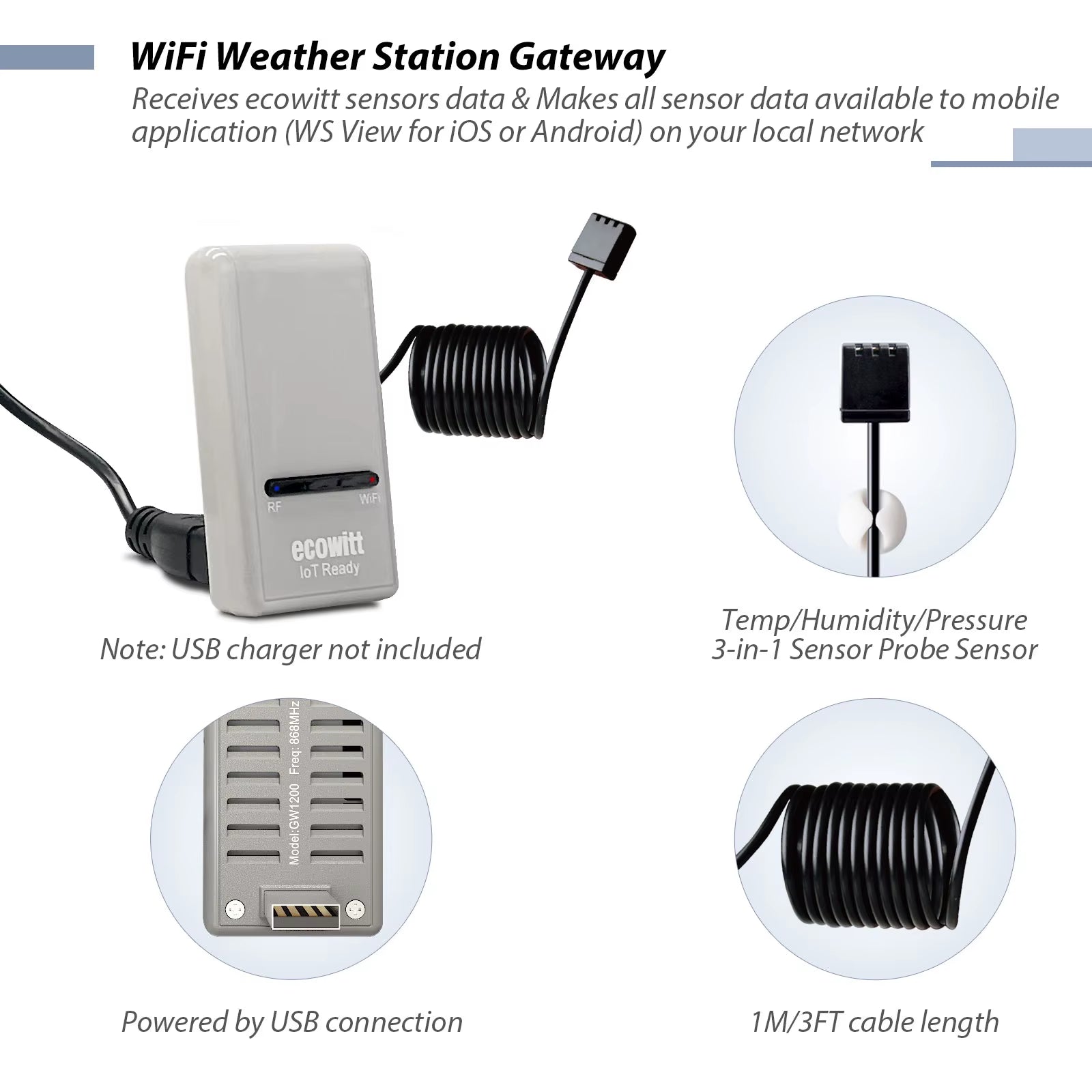 GW1200 Wi-Fi Hub Gateway - Built-In Thermometer Hygrometer Barometric Pressure Sensor, Support Iot Device WFC01 & AC1100
