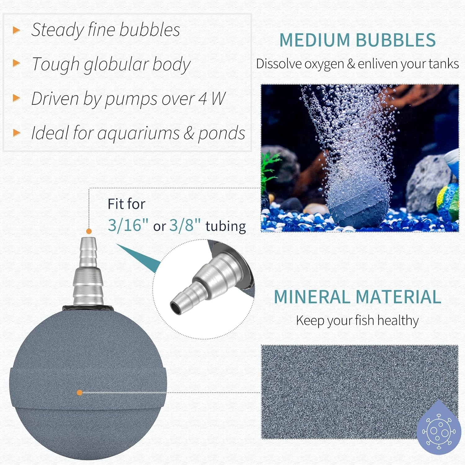 Aquarium Air Stone Ball 2 Inch, Airstones for Aquarium Fish Tank Bucket Hydroponics Pond and DWC Reservoir, 4 Pack