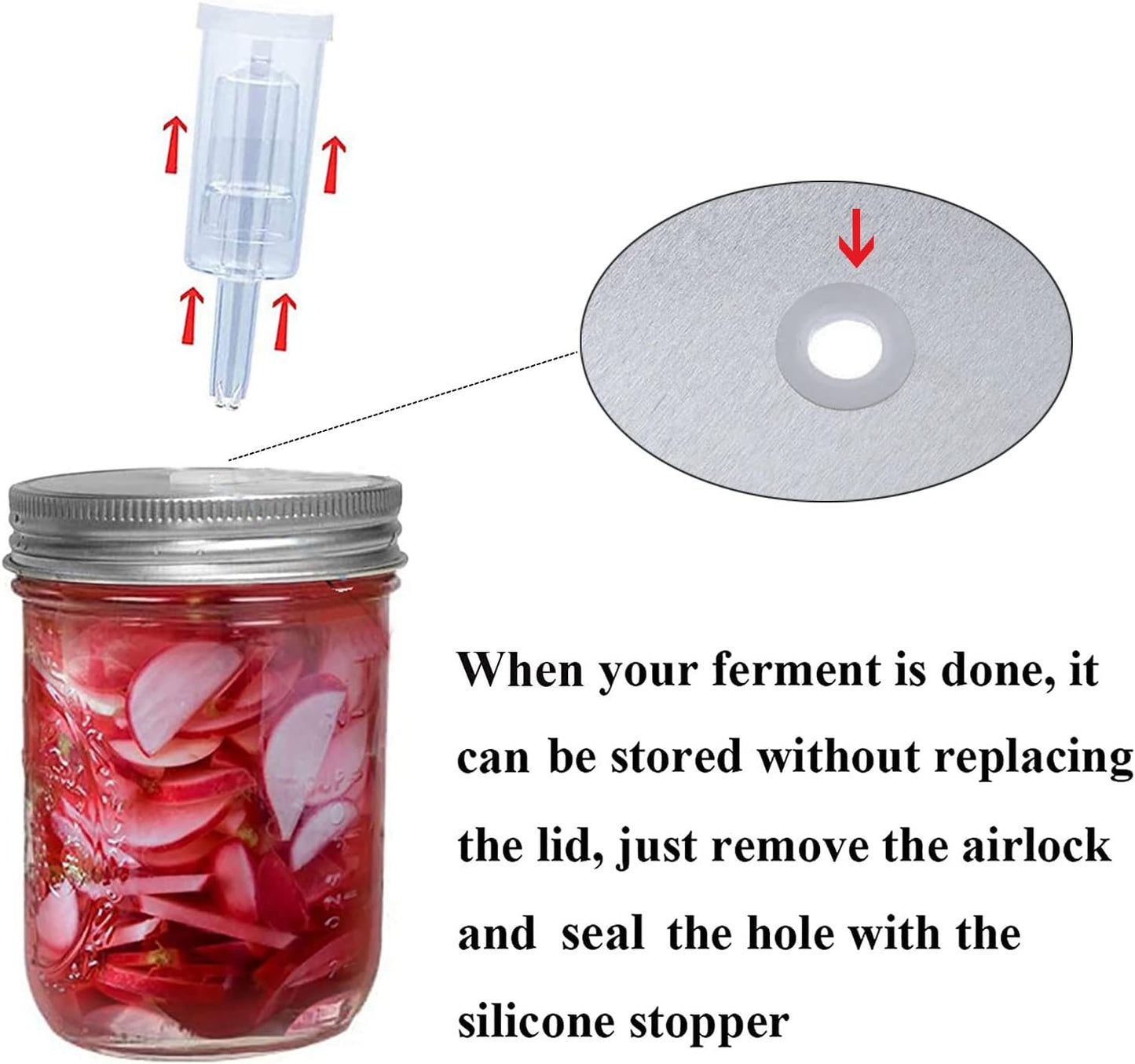 Fermentation Lids, 6 Set Fermentation Kit for Wide Mouth Jars, 6 Stainless Steel Fermenting Lids with 6 Silicone Grommets, 6 Airlocks, 6 Silicone Rings(Jars Not Included)