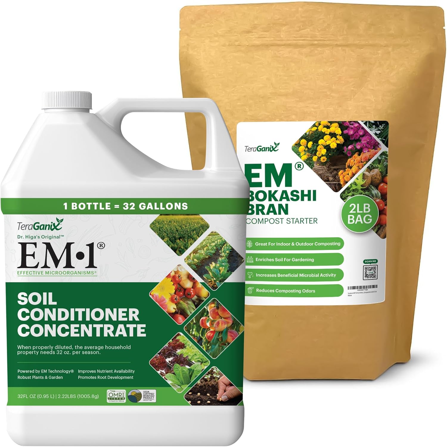 EM-1 Microbial Inoculant & EM Premium Bokashi Bran Bundle, Enhance Soil Health, Boost Plant Growth, Speed up Composting, Improve Root Strength, Control Odors, & Support Organic Gardening