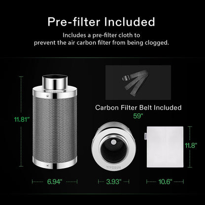4 Inch Air Carbon Filter Smellines Control with Australia Virgin Charcoal for Inline Duct Fan, Grow Tent, Pre-Filter Included, Reversible Flange 4" X 12"