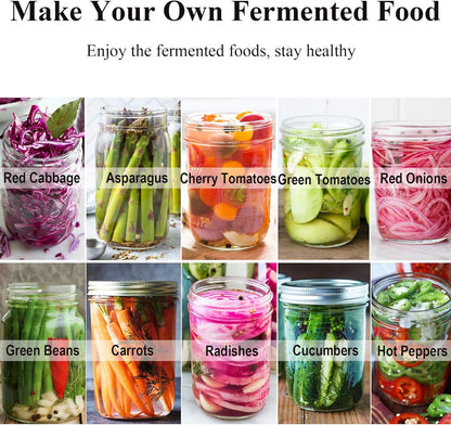 Fermentation Lids, 6 Set Fermentation Kit for Wide Mouth Jars, 6 Stainless Steel Fermenting Lids with 6 Silicone Grommets, 6 Airlocks, 6 Silicone Rings(Jars Not Included)